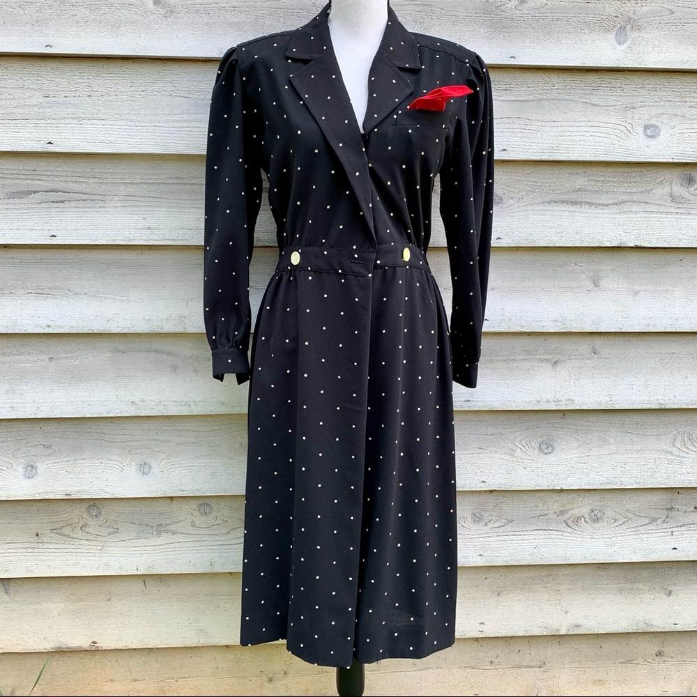 Vintage 80s Polka Dot Print Button Front Long Sleeve Collared Midi Wrap Dress